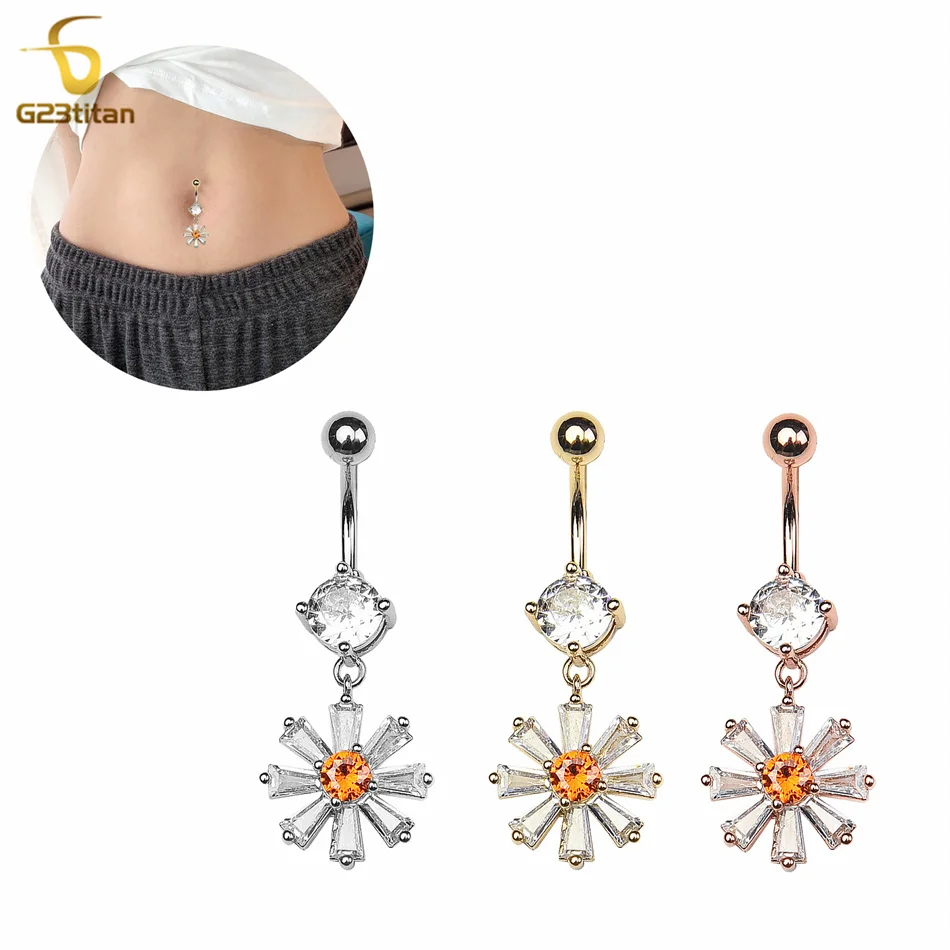 G23titan Crystal Chrysanthemum indicum Flower Belly Button Ring Women Navel Piercing Surgical Steel or Titanium Bar Body Jewelry