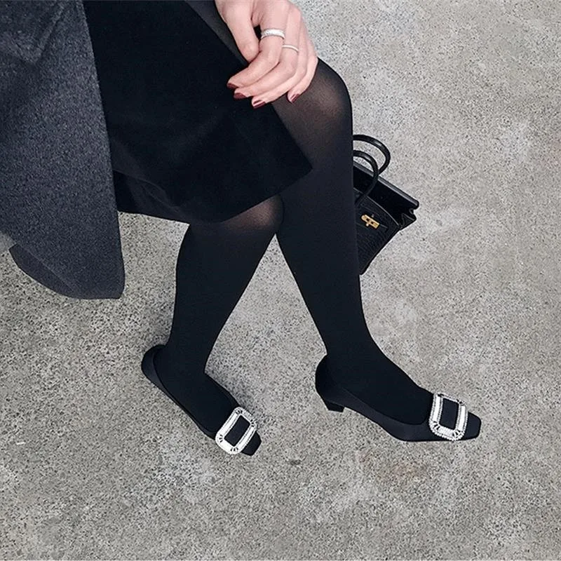 

2025 European and American Women's Square Buckle Rhinestone Thick Heel Shoes Mid-heel Flat Shallow Square Heel Shoes Women