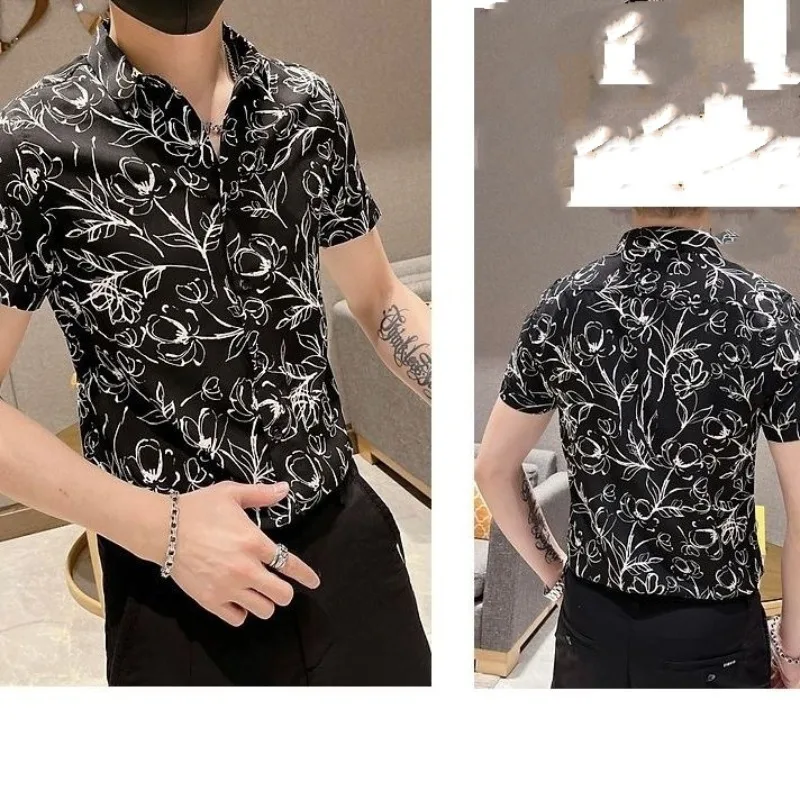 Smart Casual Simplicity Summer Men\'s Square Collar Printing Single Breasted Trend Versatile Short Sleeve Slim Shirts Tops