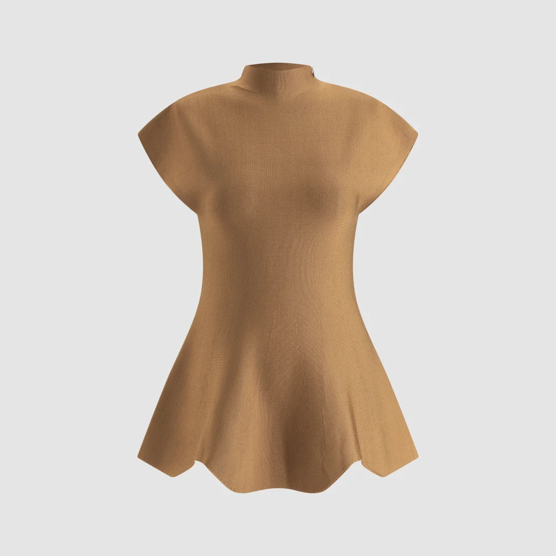 

High-Neck, Short-Sleeve Knitted Top — 2026 New Arrival: Slim-Fit Women's Short-Sleeve T-Shirt with Ruffled Hem Summer Collection