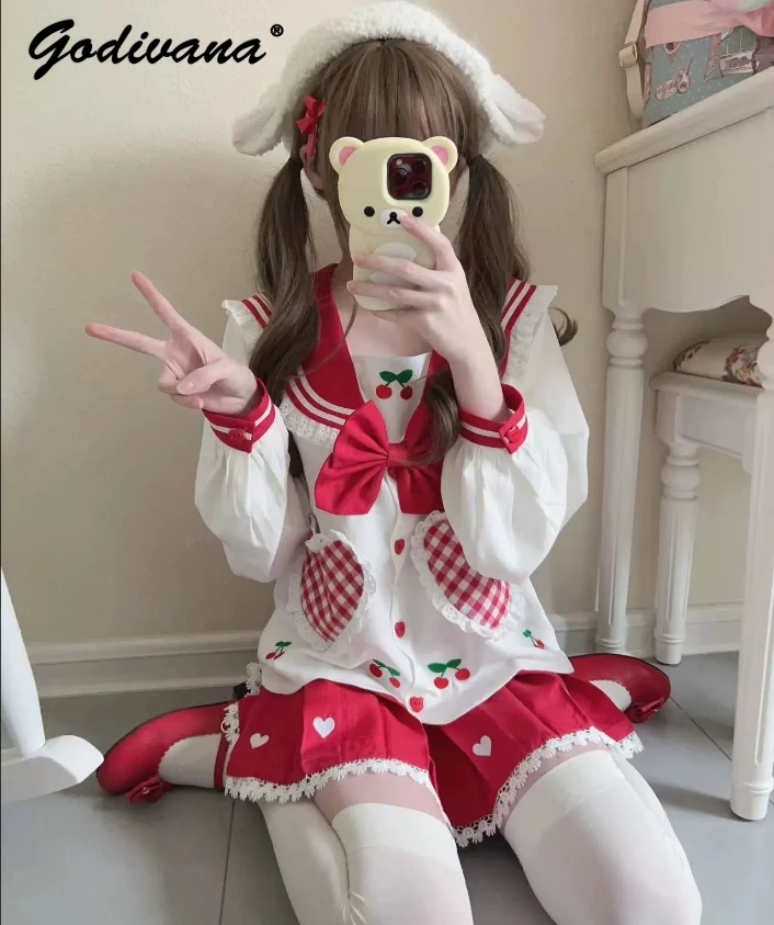 

Original New Spring and Summer Student Girls Kawaii JK Uniform Outifits Sweet Cherry Strawberry Embroidery Top and Skirt Suits