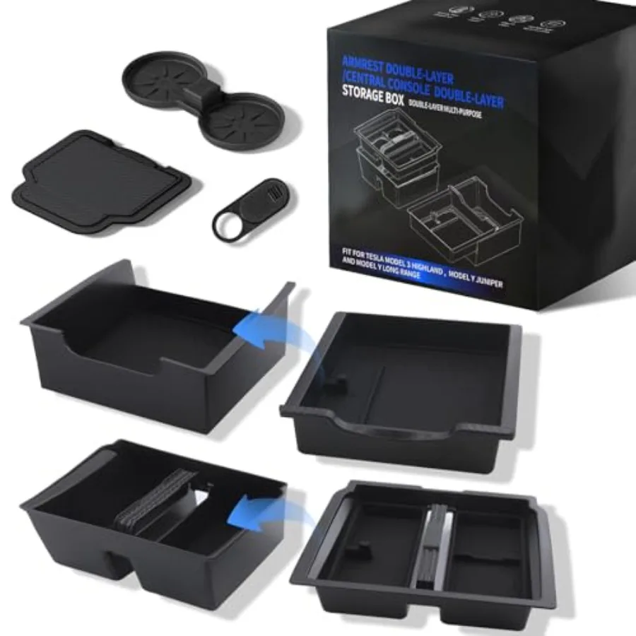 

5PCS for Tesla Double Layer Center Console Organizer Model Y Refreshed Juniper Accessories 2025 2026 Cup Holder Armrest Tray Ce