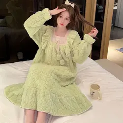 Nightdress Female Autumn Winter Coral Velvet Thick and Velvet Pajamas Female Princess Long Large Size Flannel Warm Home Wear