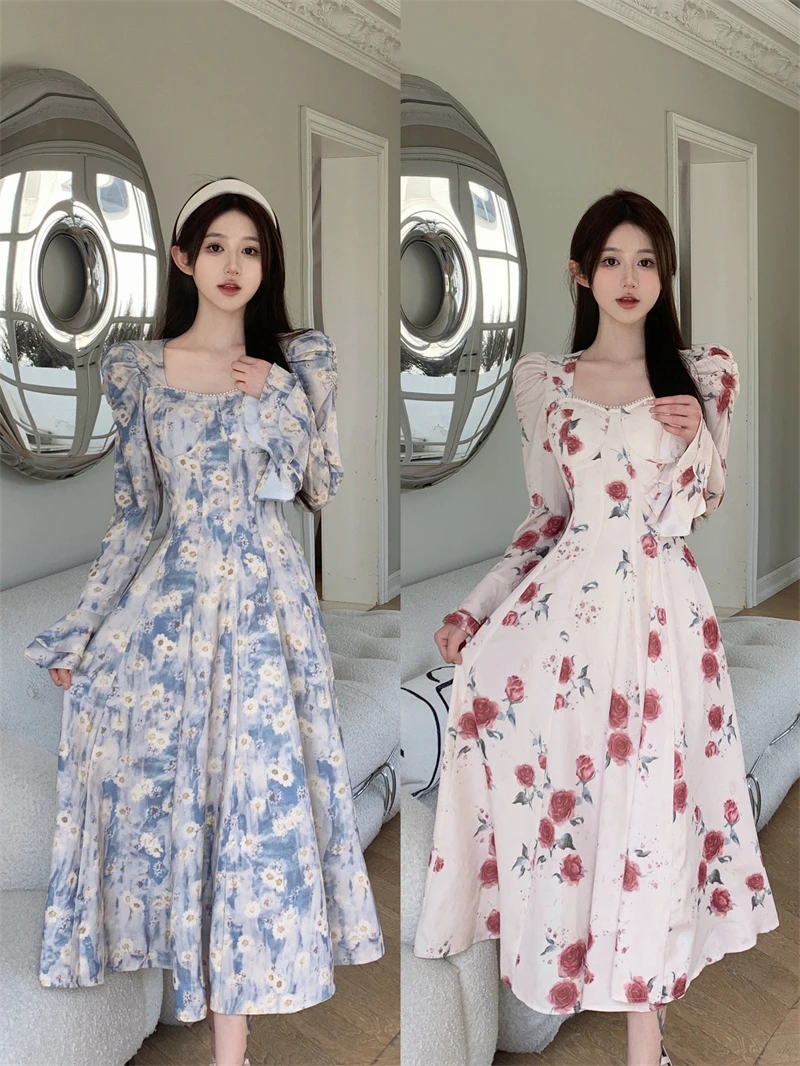 

2024 Fall Commuter Casual Large Size Square Neck Floral Temperament Dresses