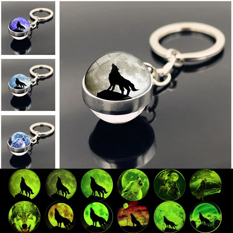 Howling Wolf Howling Moon Luminous Keychain Pendant Double-sided Glass Ball Pendant Key Chain Pendant