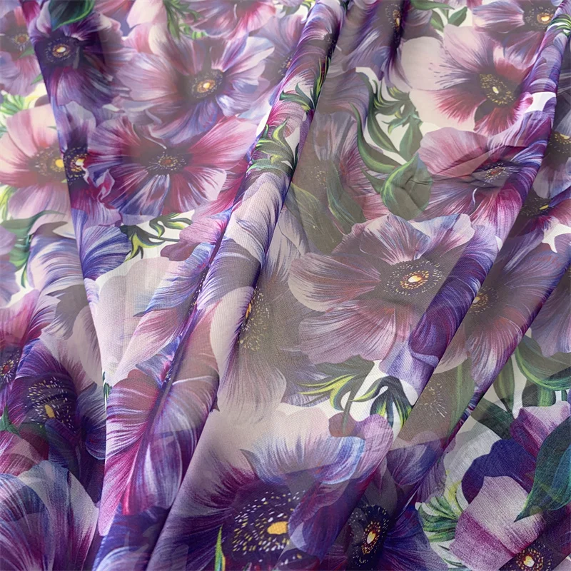 Premium Polyester Chiffon Purple Floral Pattern Printed Brand Fashion Fabric For Shirt Dress DIY Handmade Designer Material