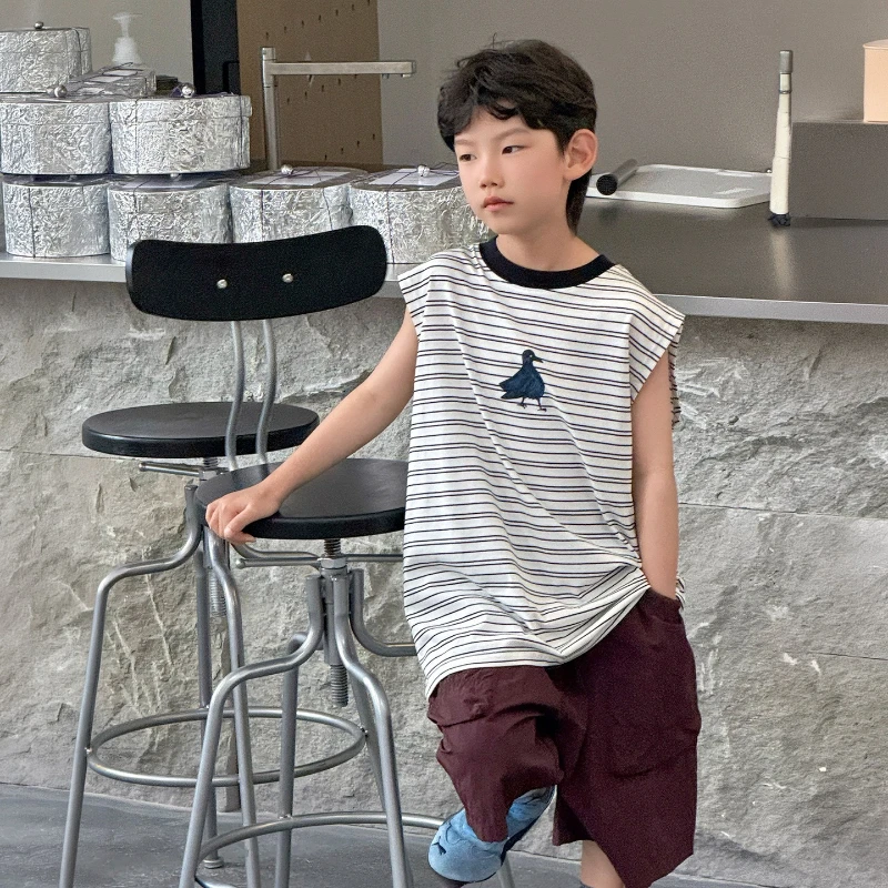 

Children's Summer 2026 New Striped Sleeveless Casual Duck Pattern Cute Round Neck Vest