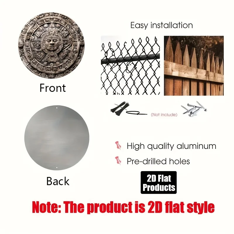 2D Flat - 1pc Mayan-Themed Round Aluminum Metal Wall Art - Intricate Mayan Design with Hieroglyphics & Symbolic Imagery, Perfect