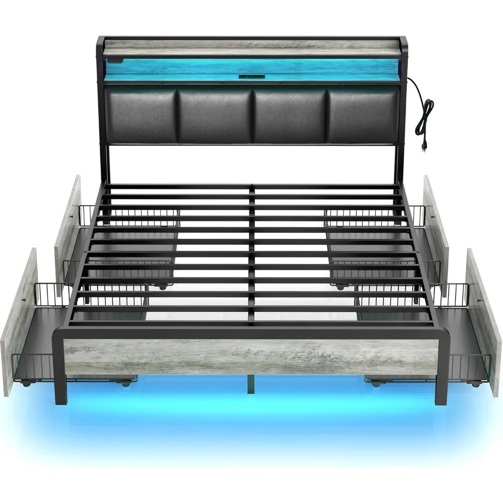 LED 조명이 있는 풀 사이즈 침대 프레임 이미지