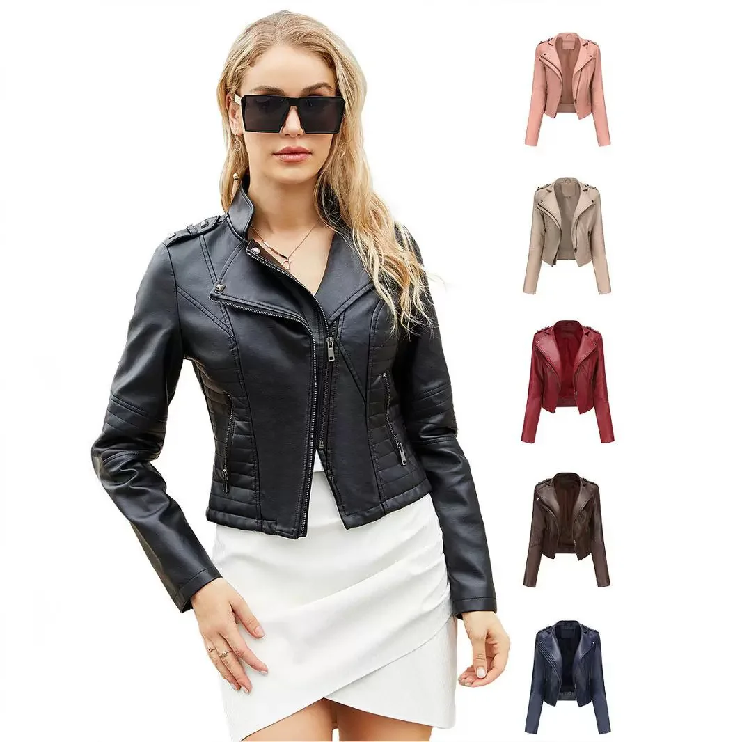 Chaqueta de cuero de manga larga ajustada para mujer, abrigo corto con cremallera y detalle de remache, estilo Popular europeo y americano