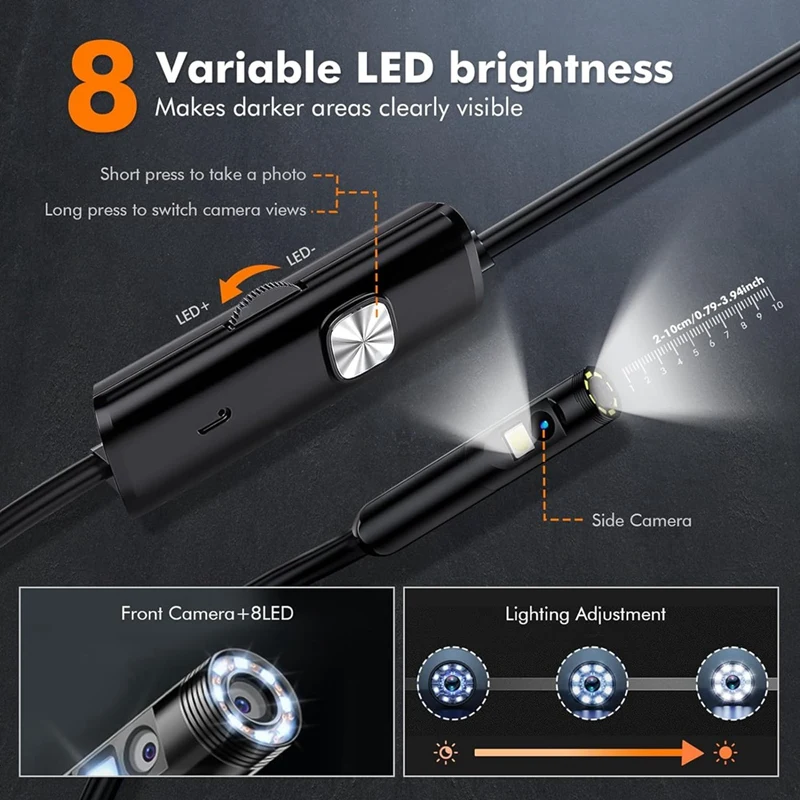 Cámara endoscópica con luz, cámara endoscópica con 8 + 1 luces LED, cámara de inspección impermeable 1920P IP67 (16,5 pies) duradera