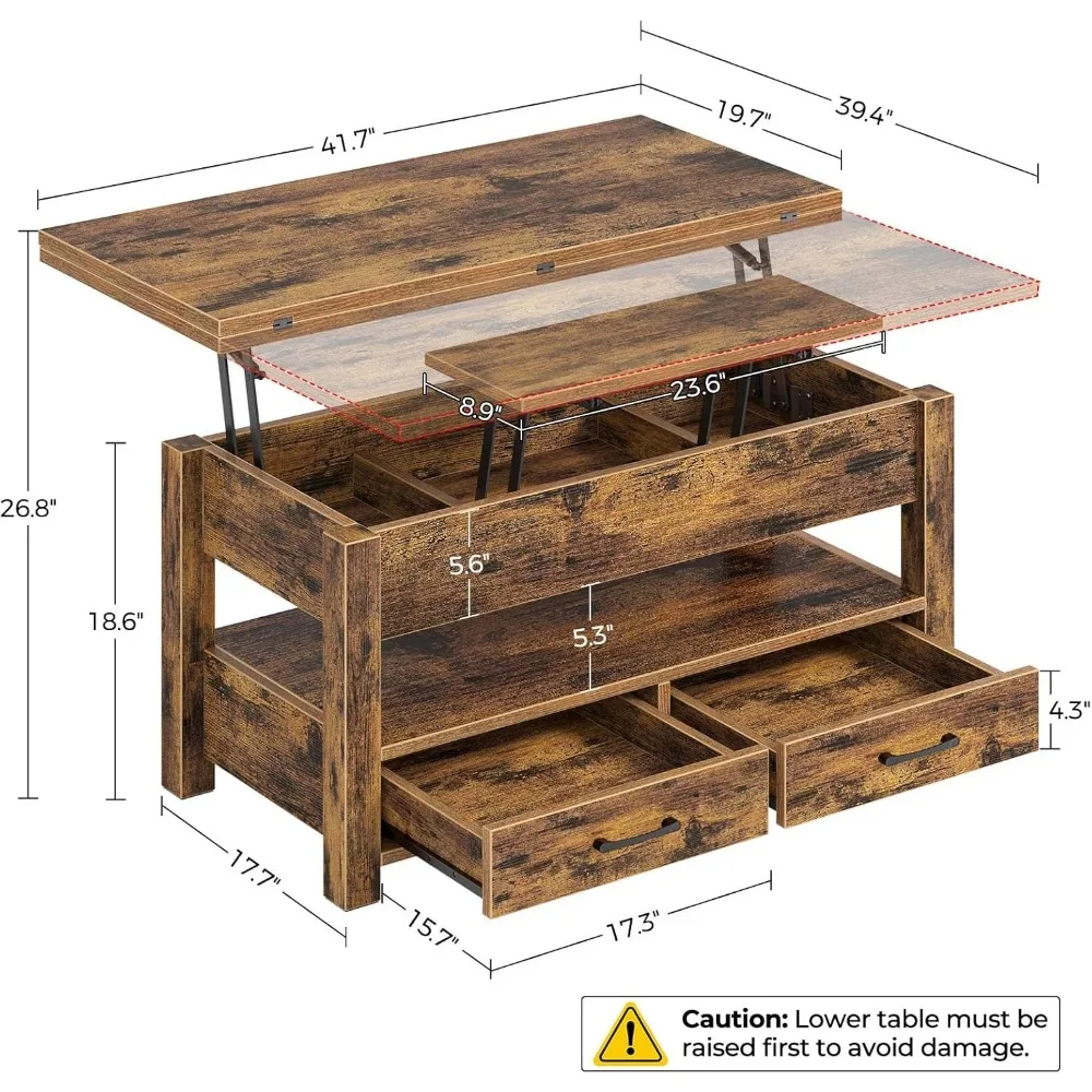 Table basse convertible multifonctionnelle avec tiroirs et compartiments cachés, dessus élévateur, marron rustique