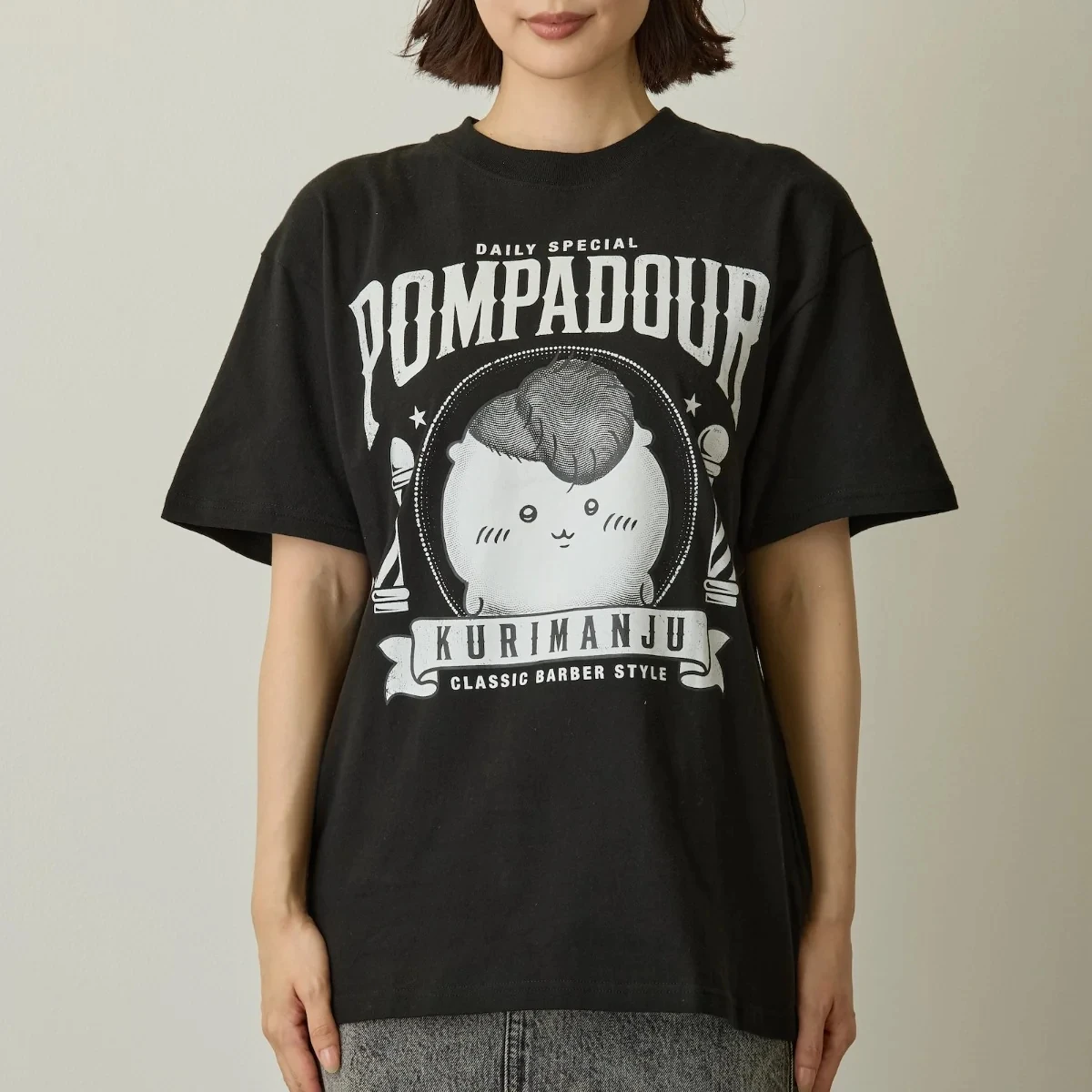 Kawaii Chiikawa Kurimanju Barber Shop T‑shirt Retro Pompadour Vintage Graphic Print Casual Loose Short Sleeve Unisex Summer Tee