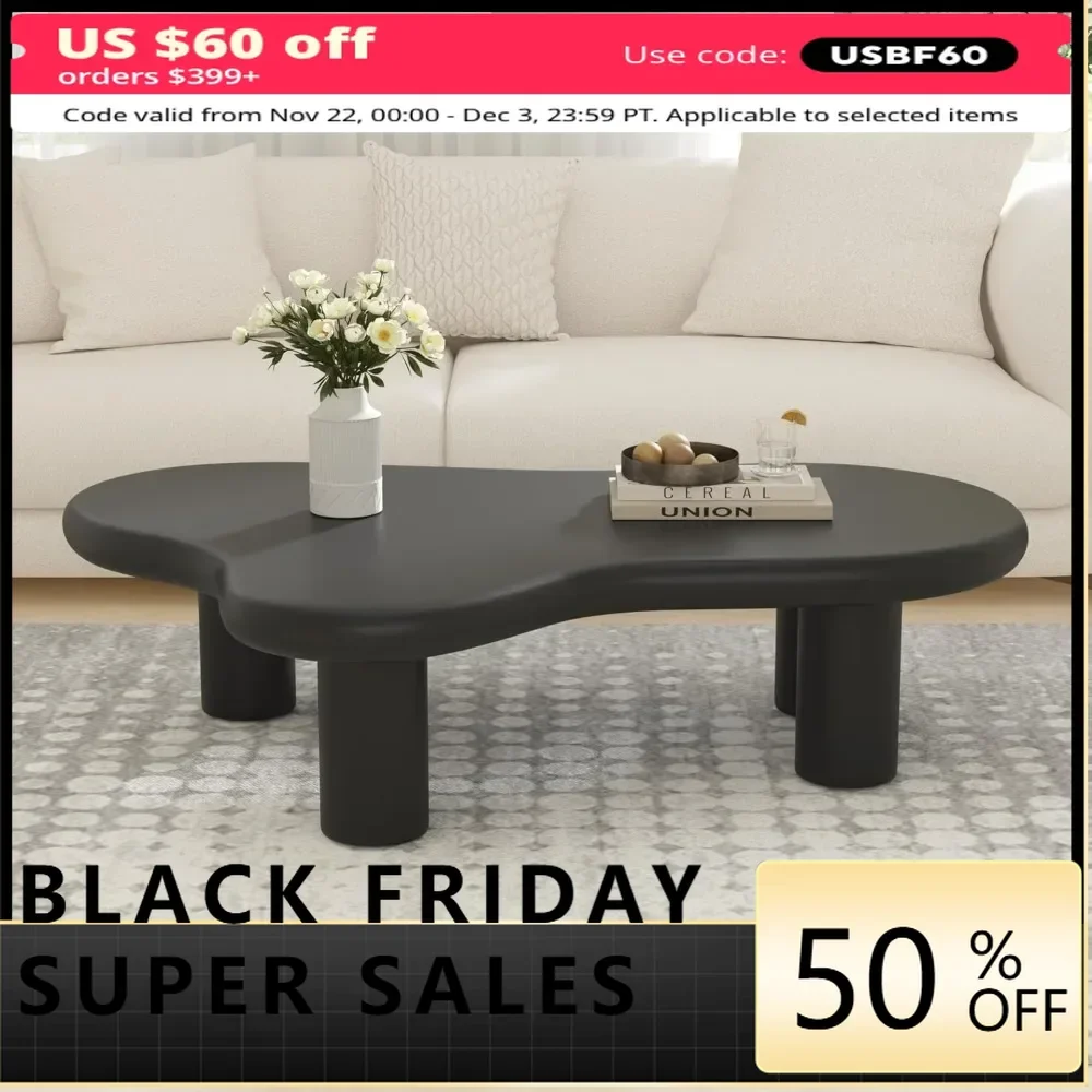 47 inch low coffee table with thickened circular edges and 4 legs, cute cartoon cloud shaped central coffee table