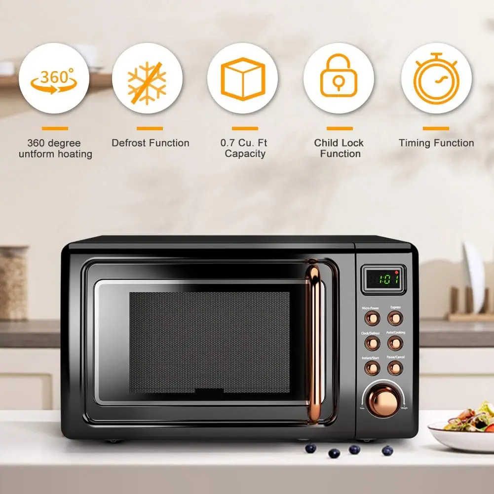 Retro 0.7 Cu Ft Countertop Microwave Oven, 700W with Cold-Rolled Steel Housing, 5-Level Micro Power Defrost, Auto Cooking, LED D