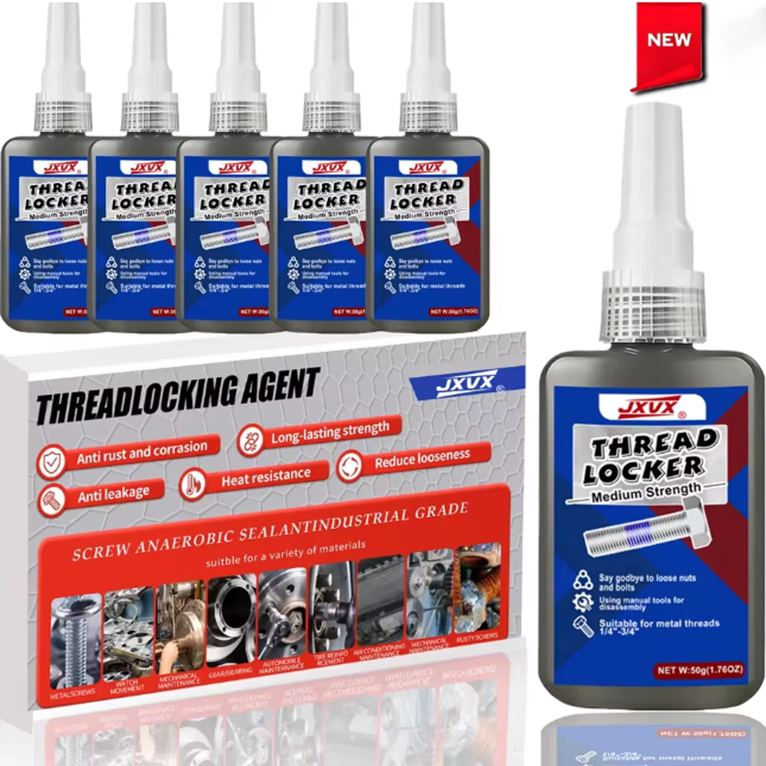 

JXVX Blue 243 Medium-Strength Threadlocker Industrial Glue Removable Anti-Loosening Anti-Slip Waterproof Rust-Proof tool,1-6PCS.