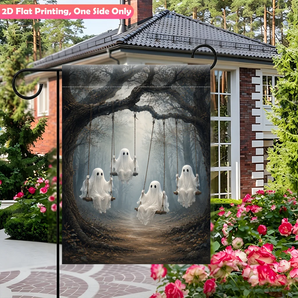 2D Flat Garden Flag 1 Piece, Ghost Swing Forest Walk Durable Polyester Outdoor Courtyard Decoration, Suitable for Courtyard and Terrace Decoration, Scene Decoration, Celebration Arrangement, Home and Scene Decoration, Excluding Flagpole