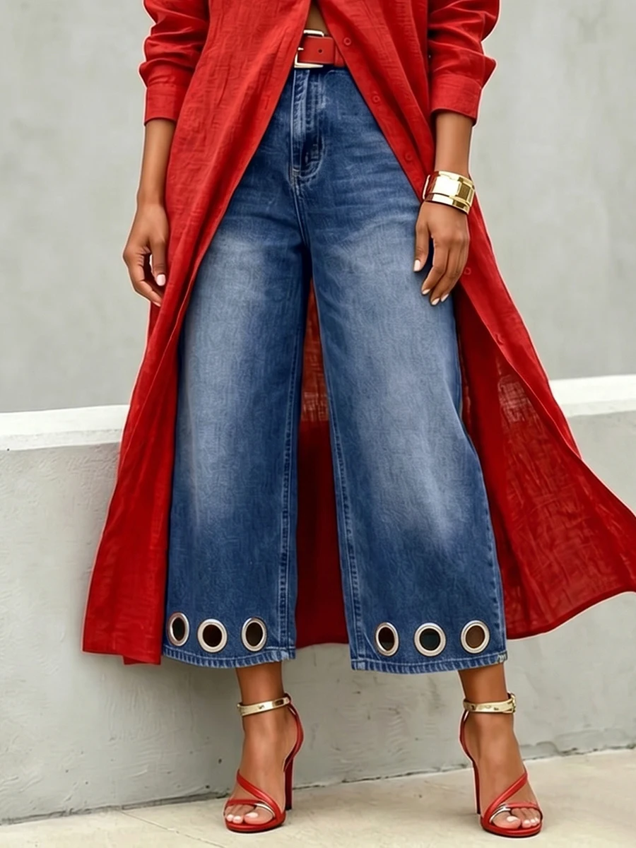 Freeacy Women's Trendy Eyelet Trim Cropped Wide Leg Jeans 2026 Summer Stylish High Waist Loose Fit Casual Denim Capri Pants