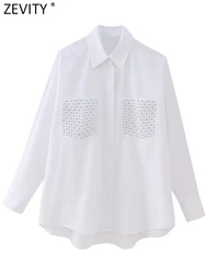 Zevity Women Fashion Rivet Design Double Pockets Patch White Poplin Smock Blouse Office Lady Chic Slim Shirts Blusas Tops LS5132