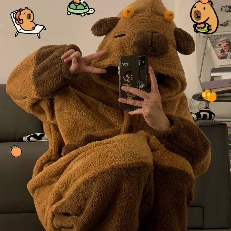 Cartoon Animal Capybara Pajama Set Cosplay Winter Soft Plush Jumpsuit Adults Anime Velvet Pajama Night Robe Clothes Suit Gift