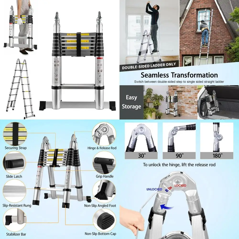 

Heavy Duty 16.5FT A-Frame Telescoping Extension Ladder with 330lb Capacity, Foldable and Portable, 2-in-1 Design for Outdoor Use