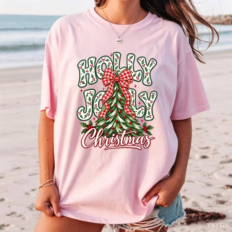 Christmas Tree Graphic T Shirts Woman Holly Berry Tree Design T-shirt Casual Round Neck Printed Tshirt Men Women Clothes