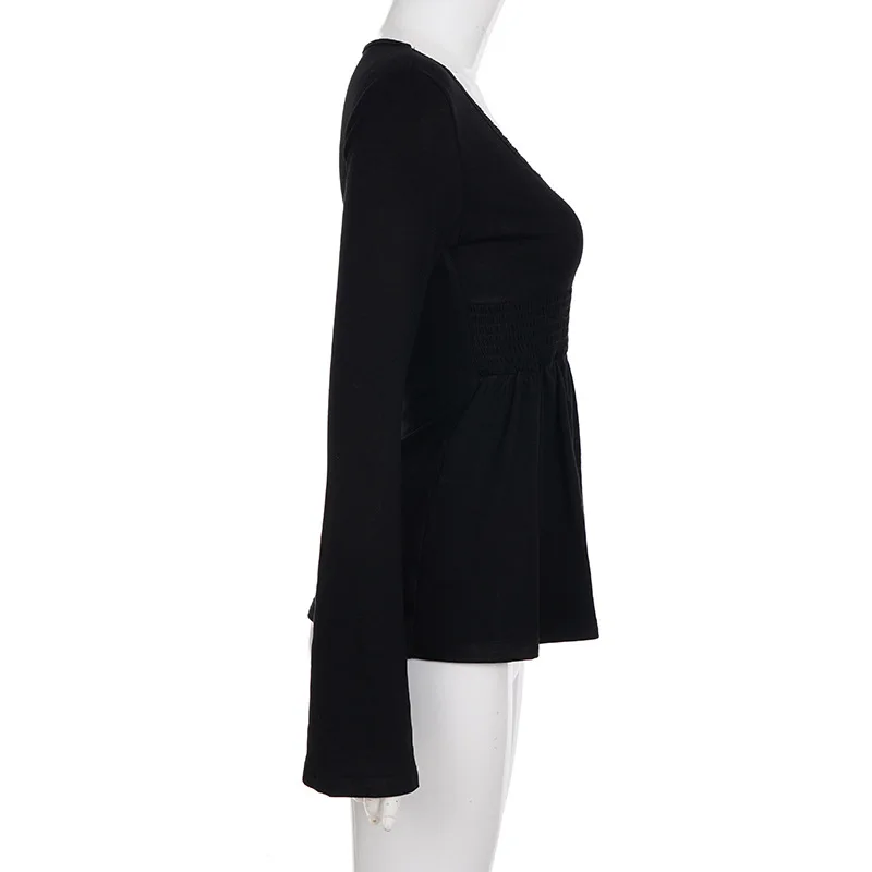 Schwarzes Spitzen-Peplum-Top für Damen mit Puppenkragen, Y2K-Bluse mit ausgestellten Ärmeln und A-Linien-Schnitt, Babydoll-Stil mit Knopfdetails – Detail 7