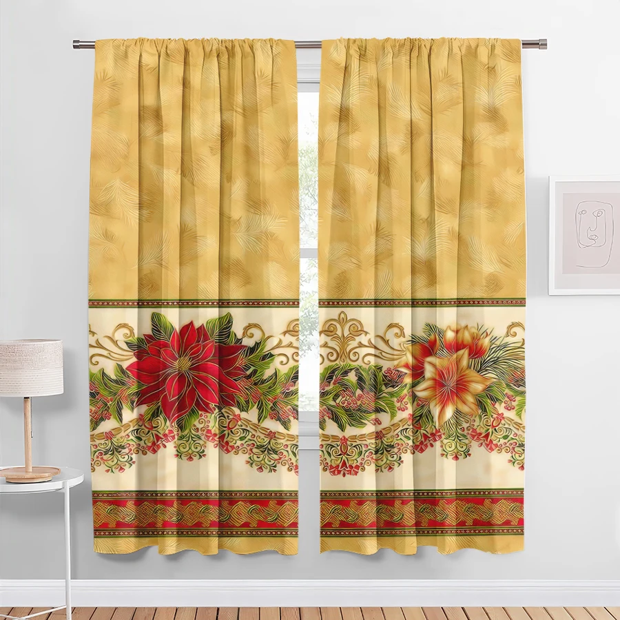 2PCS Digital Print Curtains, Gold Feather Texture Background Poinsettia Flowers Ornate Scroll Border Red, Luxurious Elegant Styl