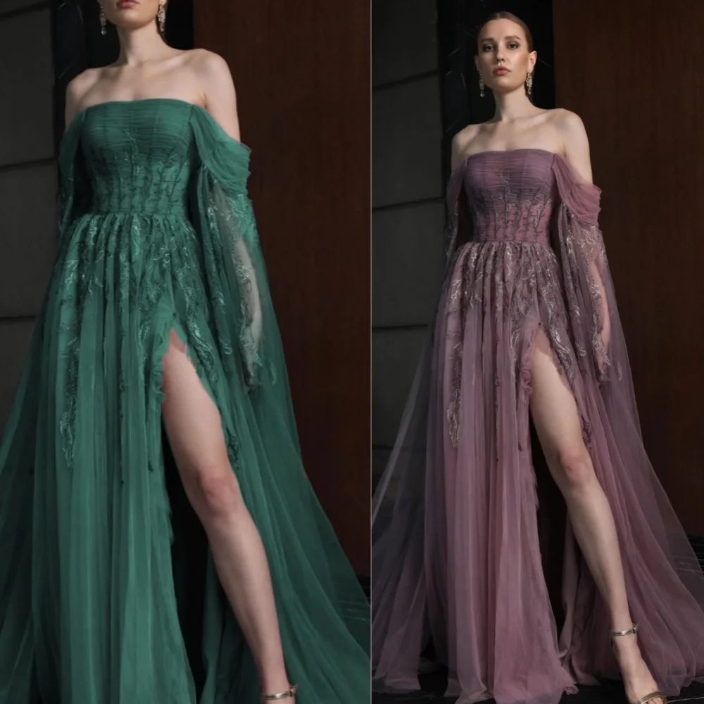 Tulle Sequined Engagement A-line Off-the-shoulder Bespoke Occasion Gown Long Dresses