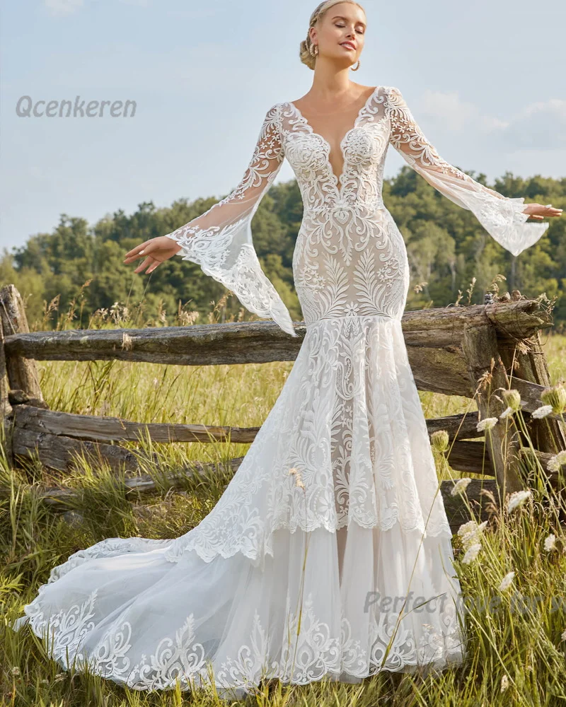 

Qcenkeren Boho Wedding Dress Fashion Elegant Mermaid Bodice Bridal Dress Puff Sleeve With Lace Appliques Robe De Women 2024