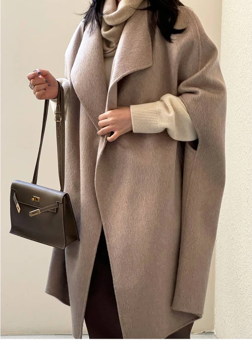 

Korean Japanese Sle Women's Woolen Cloak Coat Faionable Autumn Winter Turn-down Collar Medium Length Simple Design