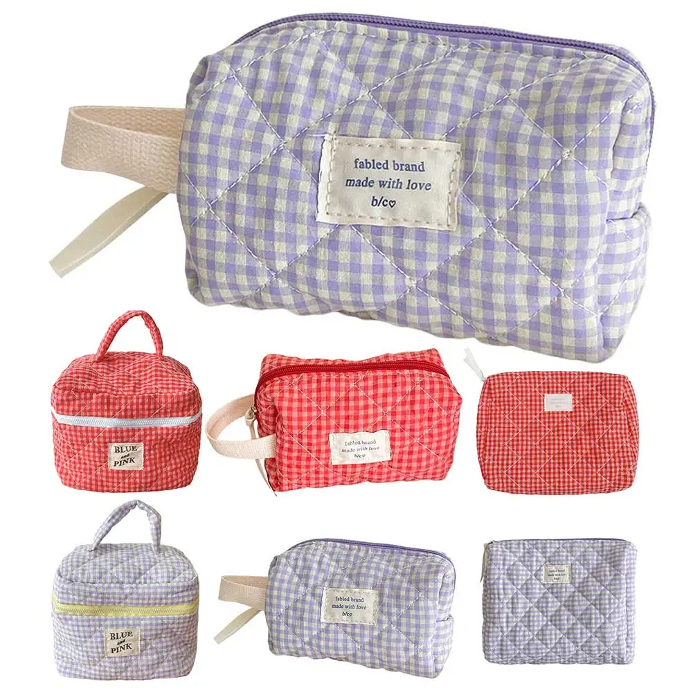 Women Plaid Cosmetic Bag Large Capacity Cotton Makeup Brushes Storage Bag Fashion Sweet Organizer Pouch Cute Travel Toiletry Bag