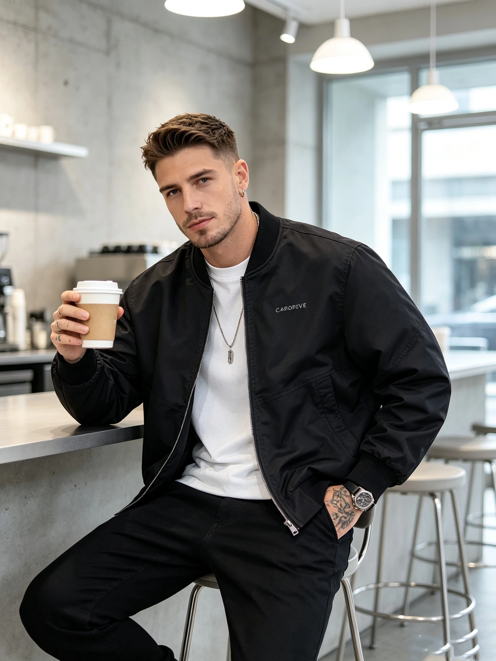 Men's Classic Bomber Jacket Rib Collar Full Zip Windproof Casual Black Pilot Coat With Embroidery