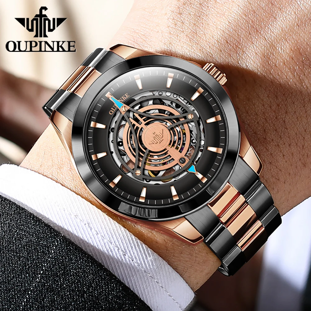 OUPINKE 3206 Top Brand Hollow Mechanical Watch For Men Synthetic Sapphire Mirror Waterproof Wristwatch Luxury Business Watches