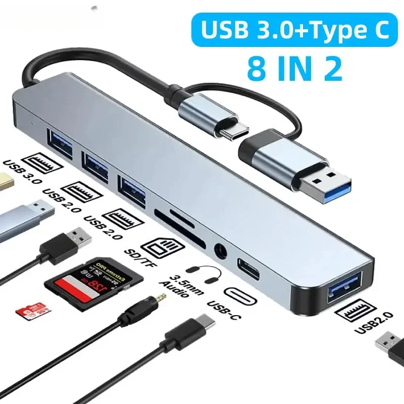 USB 3.0 Type C Adapter Docking Ststion USB 2.0 Port TF SD Card Reader Audio Output Multi-hub Splitter  for Macbook Pro Computer