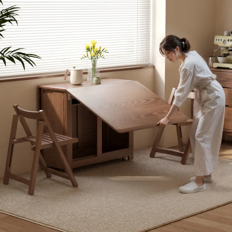 Solid wood folding dining table household small apartment rectangular eating table
