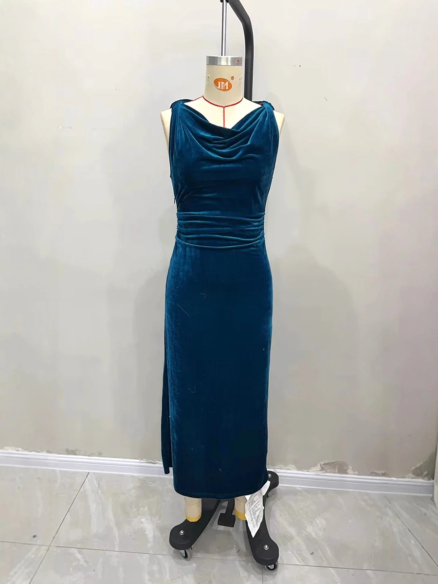 2026 المخملية فستان بلا أكمام المرأة موضة مساء فستان الحفلات سيدة أنيقة Verstidos جديد التخسيس صالح السباغيتي فستان بحزام طويل #5