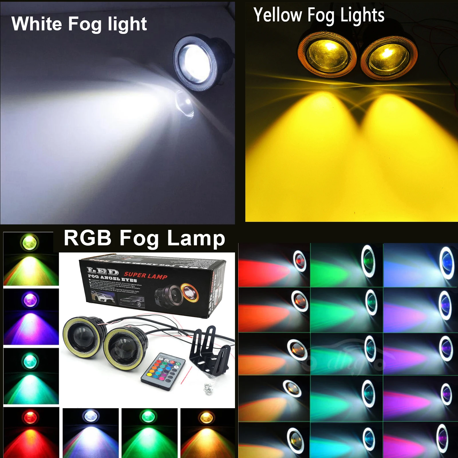 Pair Universal RGB/Yellow/White Led Fog Light with Round COB Angel Eyes Projector Lens Driving Lamp High Power Headlight Car SUV