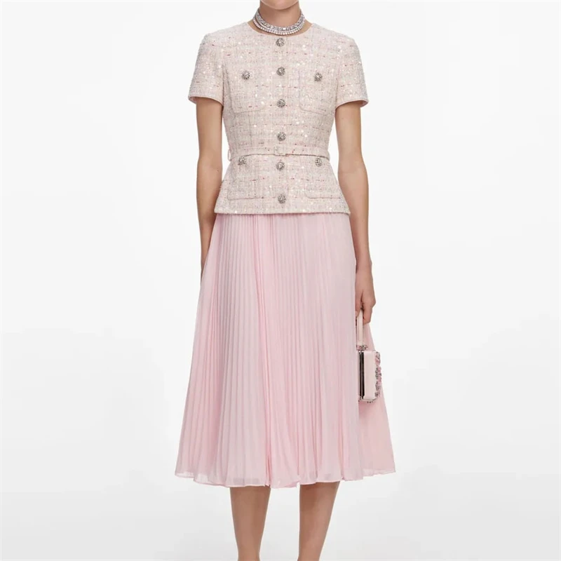 Summer New Women's round Neck Diamond Button Glitter Knitted Short Sleeve Dress High Quality Fashion Fake Two-Piece Long Skirt