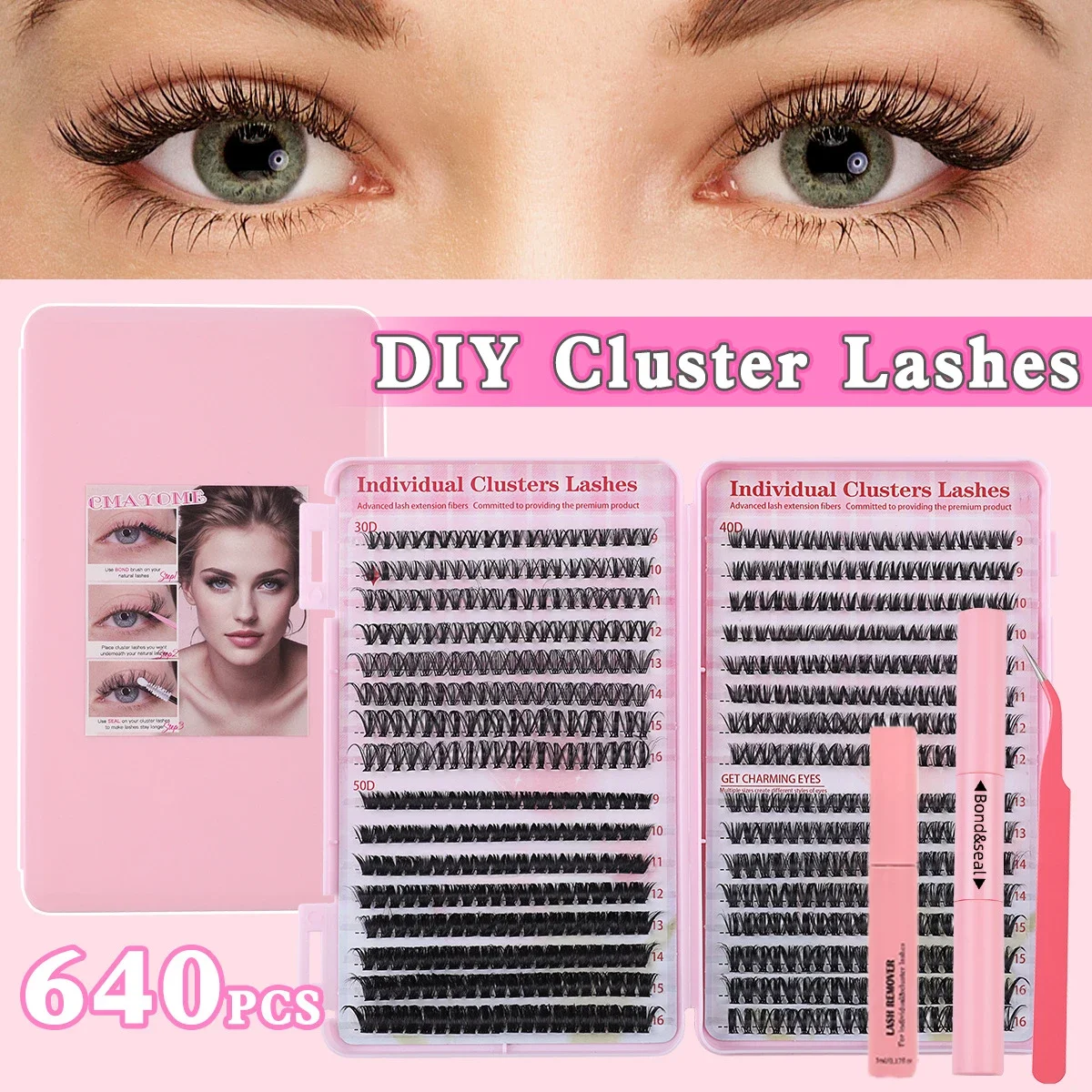 Kit de extensión de pestañas, 640 Uds., 30/40/50D, grupos D Curl, 9-16mm, pestañas individuales con pinzas y cepillo de sellado de unión para profesionales