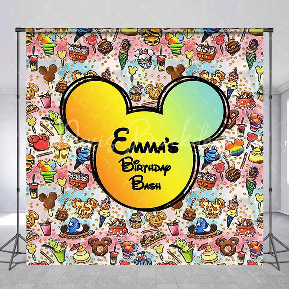 

Custom Name Cartoon Mouse Dessert Bash Birthday Backdrop for Kids, Sweet Candy Photography Background Studio Wall Decor