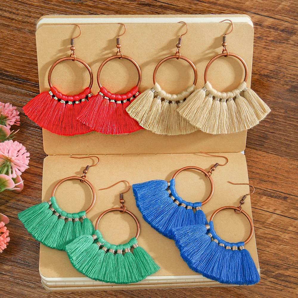 Böhmische Ethno-Stil Fächerförmige Quasten-Ohrringe Vintage Creolen Tropfen-Ohrringe Damen Alltags-, Urlaubs- & Party-Schmuck