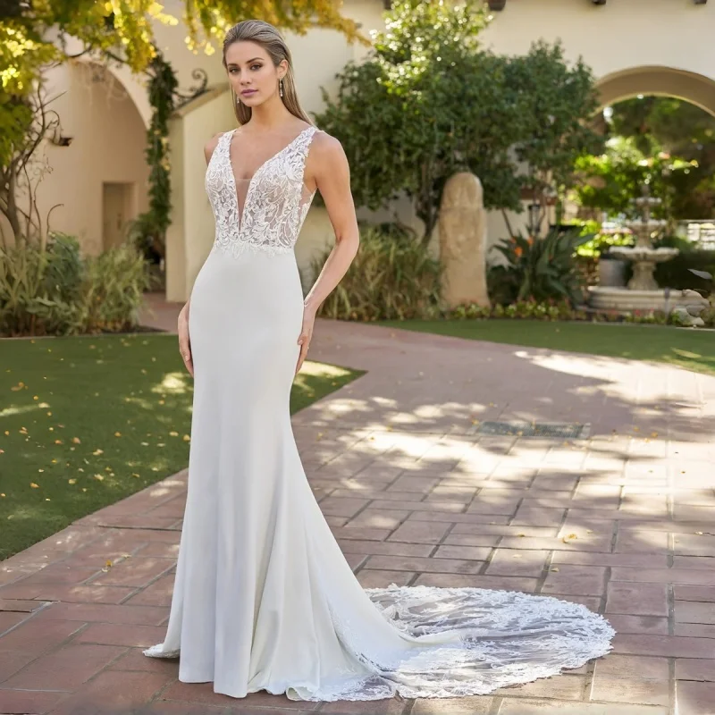 

Lace Strap Deep V Mermaid Wedding Dress Scroll Floral Lace Bodice Full Sheer Lace Back Pearl Buttons Bridal Gown Customizable