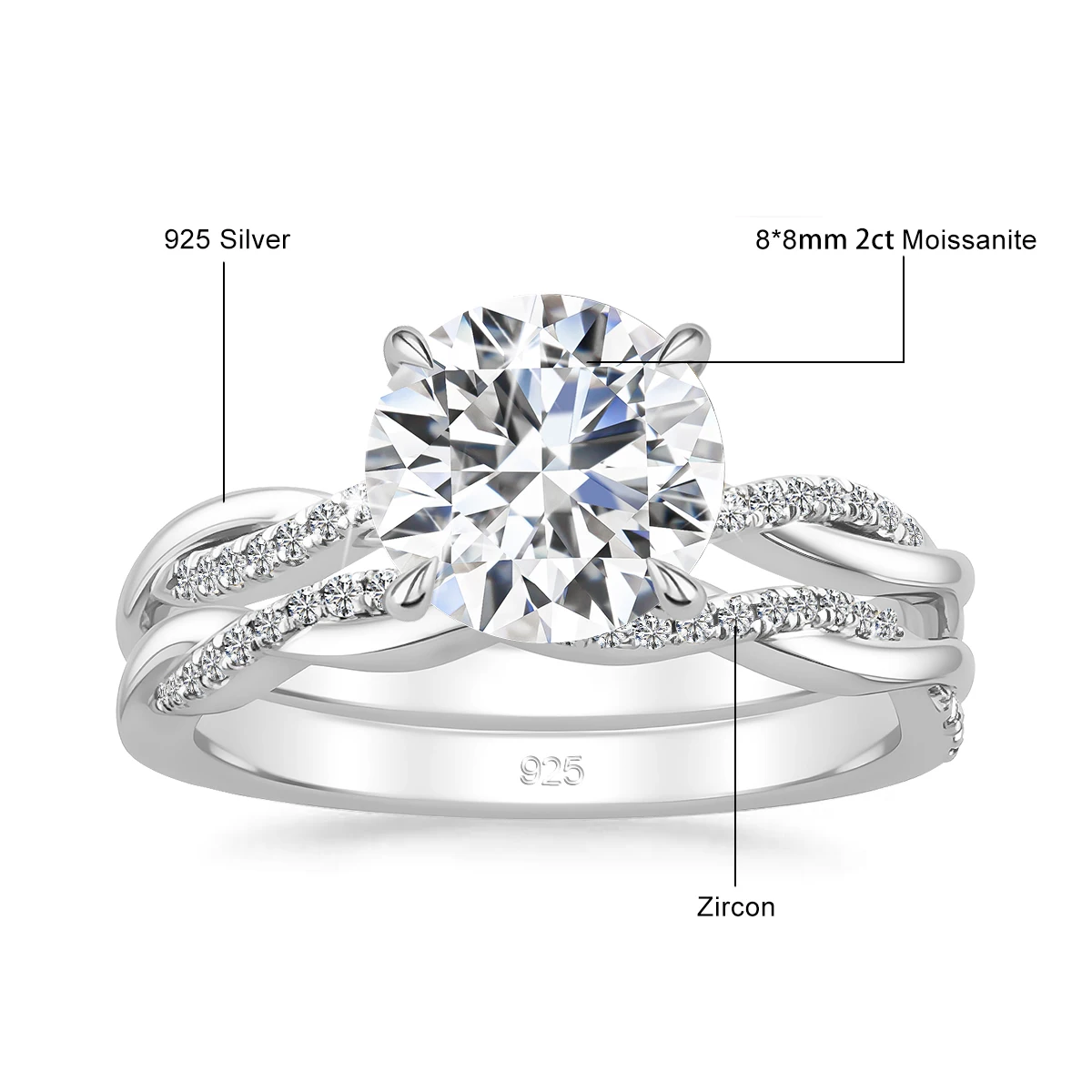 Zertifizierter runder Moissanit-Ehering für Damen aus massivem 925er Sterlingsilber, brillanter Verlobungsring, Brautschmuck-Set – Detail 1