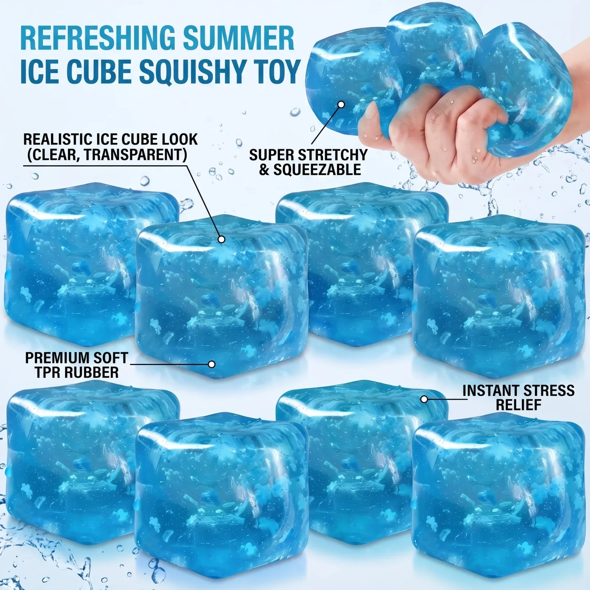 Summer Cool Water Cube Squishy Toy, Stretchy Squeeze Stress Relief Toy, Transparent Ice Cube Design, Soft Elastic Fidget Toys