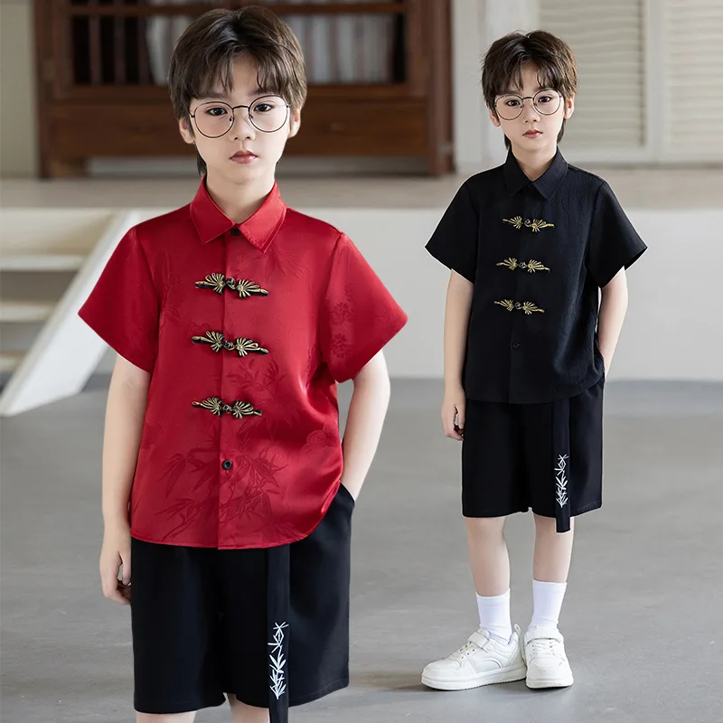 Boys Chinese Tang Suit Set Red Jacquard Top Black Shorts with Tassel Pendant Kids Traditional Outfit for Lunar New Year Party