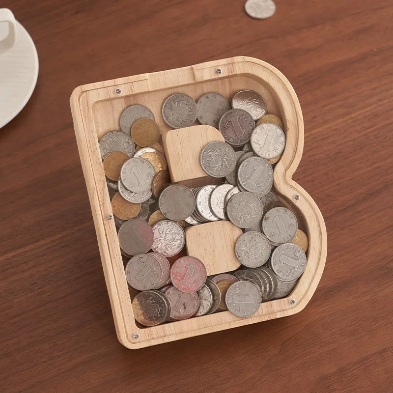 

26 Letters English Piggy Bank Coins Bank Wooden Coin Money Saving Box Jar Coins Storage Box Desktop Ornament Home Decor Crafts