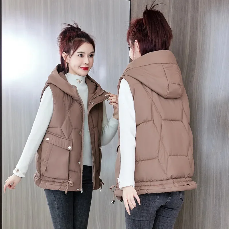 2024 New Autumn Winter Warm Waistcoat Ladies Sleeveless Hooded Down Cotton Coats Women Outerwear Casual Puffer Vest Jacket