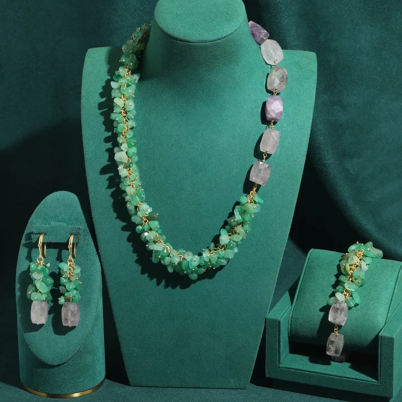 Vintage Purple Crystal Green Agate Crushed Stone Flower Cluster Jewelry Sets Gold Color Necklace Earrings Bracelet Party Gift