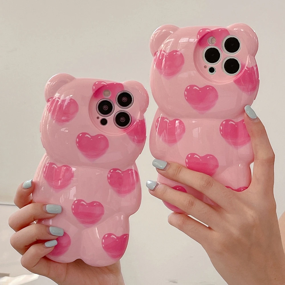 3D Cute Love Pink Bear Phone Case for iphone 15 Pro 14 Plus 13 12 Pro MAX XS MAX XR XS X 11Promax Soft silicone TPU Back Cover